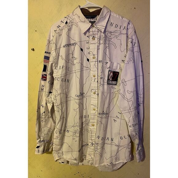 Vintage Nautica Blue water Challenge Ocean Map shirt sz Large Button up - Picture 1 of 10